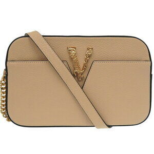 Versace Virtus Chain Shoulder Bag Beige Pouch Metal Icon Leather